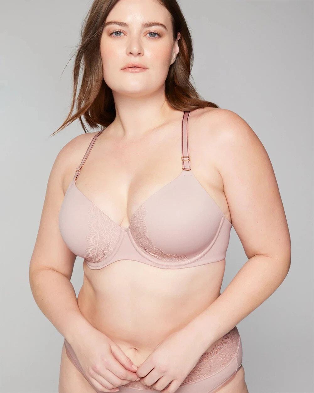 Soma Embraceable Perfect Coverage Rose Pink Lace Trim Underwire Bra Size 34D